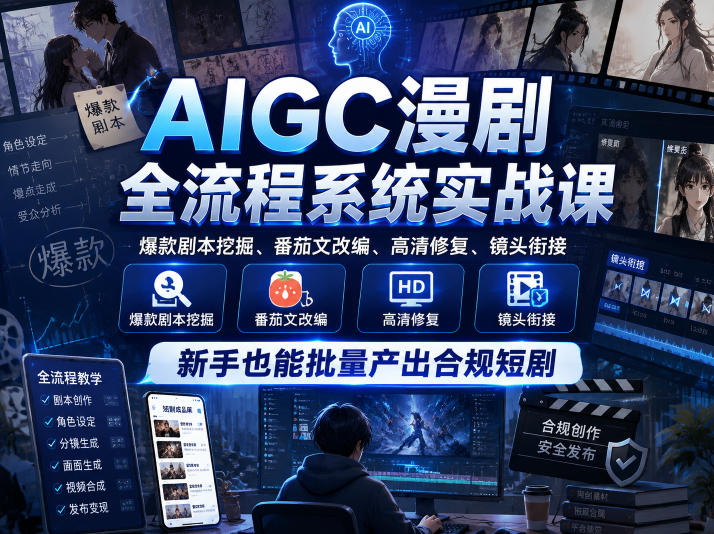 AIGC漫剧全流程系统实战课，爆款剧本挖掘、番茄文改编、高清修复、镜头衔接，新手也能批量产出合规短剧-蜗牛学社