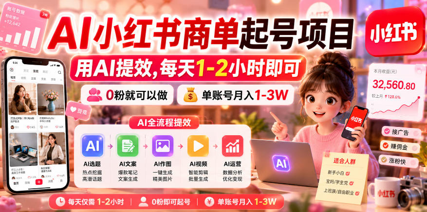 AI小红书商单起号项目，用AI提效,每天1-2小时即可，0粉就可以做，单账号月入1-3W-蜗牛学社