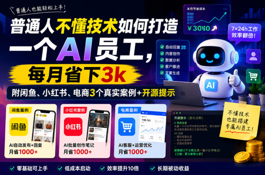 普通人不懂技术如何打造一个AI员工,每月省下3k,附闲鱼、小红书、电商3个真实案例+开源提示【文档】-蜗牛学社