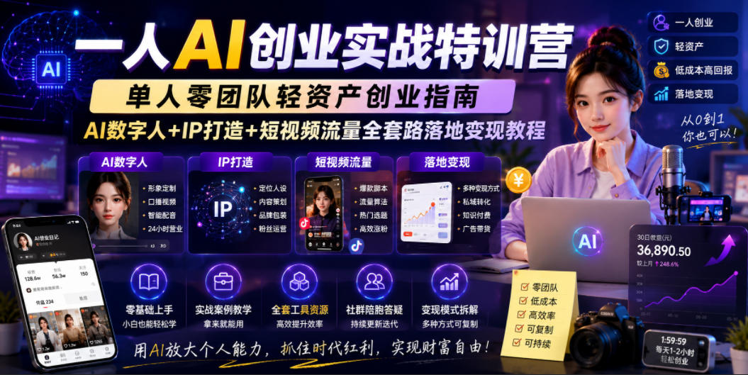 一人AI创业实战特训营，单人零团队轻资产创业指南，AI数字人+IP打造+短视频流量全套路落地变现教程-蜗牛学社