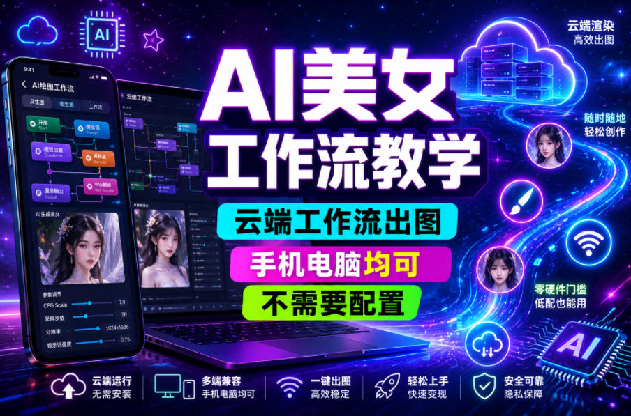 AI美女工作流教学,云端工作流出图,手机电脑均可,不需要配置,快速起号涨粉-蜗牛学社