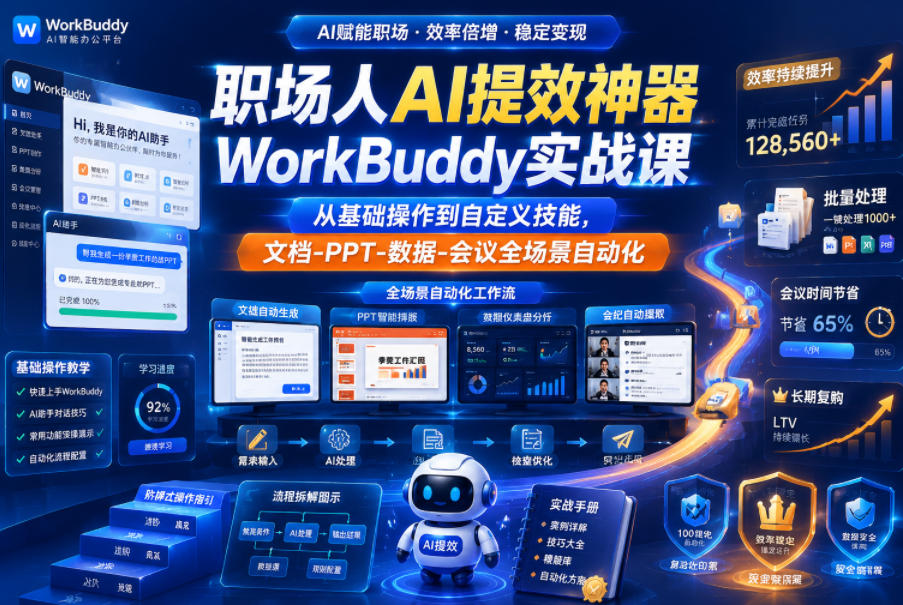 职场人AI提效神器WorkBuddy实战课,从基础操作到自定义技能,文档-PPT-数据-会议全场景自动化-蜗牛学社