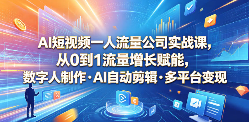 AI短视频一人流量公司实战课，从0到1流量增长赋能，数字人制作・AI自动剪辑・多平台变现，一人做流量生意全落地教程-蜗牛学社