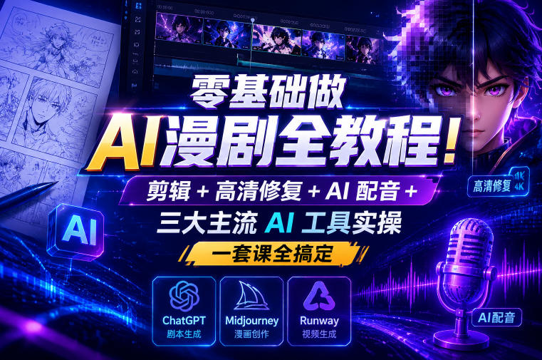 零基础做AI漫剧全教程！剪辑+高清修复+AI配音+三大主流AI工具实操，一套课全搞定-蜗牛学社