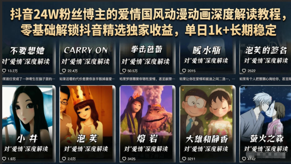 抖音24W粉丝博主的爱情国风动漫动画深度解读教程，零基础解锁抖音精选独家收益，单日1k+长期稳定-蜗牛学社