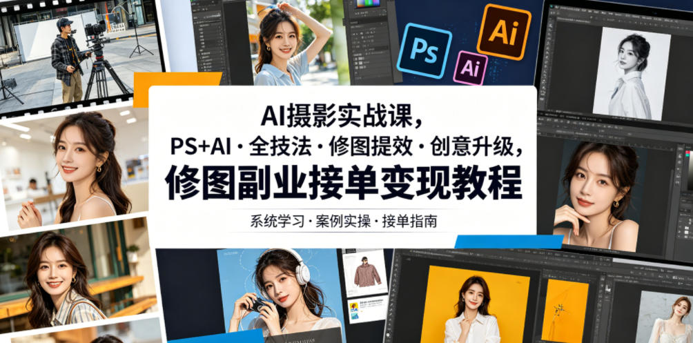 AI摄影实战课，PS+AI・全技法・修图提效・创意升级，修图副业接单变现教程-蜗牛学社
