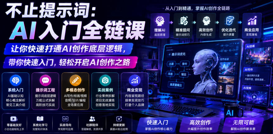 不止提示词:AI入门全链课,让你快速打通AI创作底层逻辑,带你快速入门,轻松开启AI创作之路-蜗牛学社