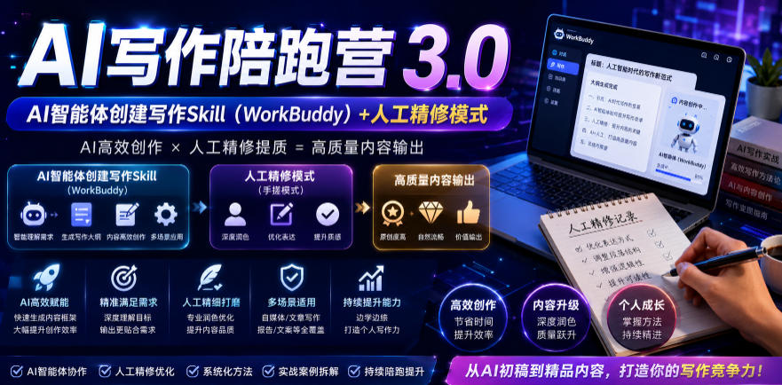 AI写作陪跑营3.0,Ai智能体创建写作skill(workbuddy)+人工手写模式(手搓模式),去除AI痕迹(头条号、公众号、百家号)-蜗牛学社