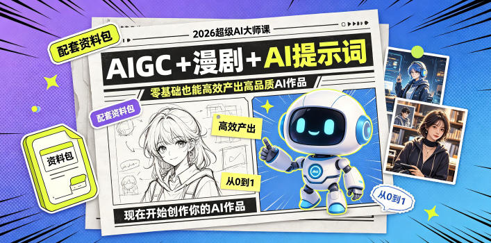 2026超级AI大师课,AIGC+漫剧+AI提示词+配套资料包,零基础也能高效产出高品质AI作品-蜗牛学社