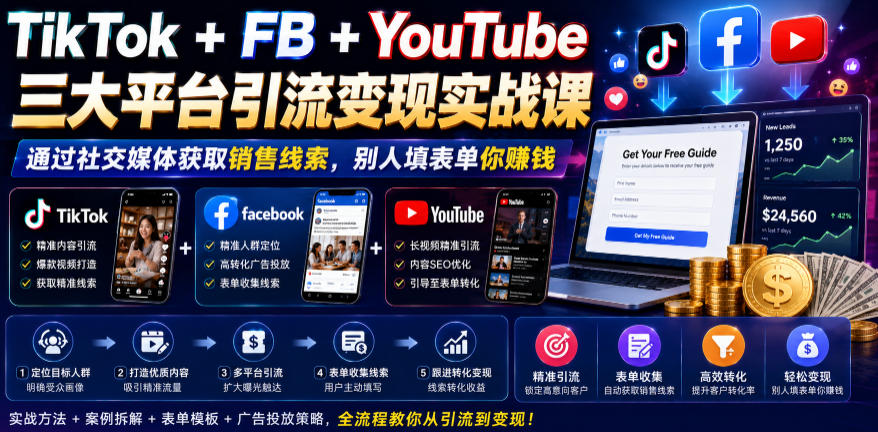 TikTok+FB+YouTube三大平台引流变现实战课，通过社交媒体获取销售线索，别人填表单你賺钱【原创双语字幕】-蜗牛学社