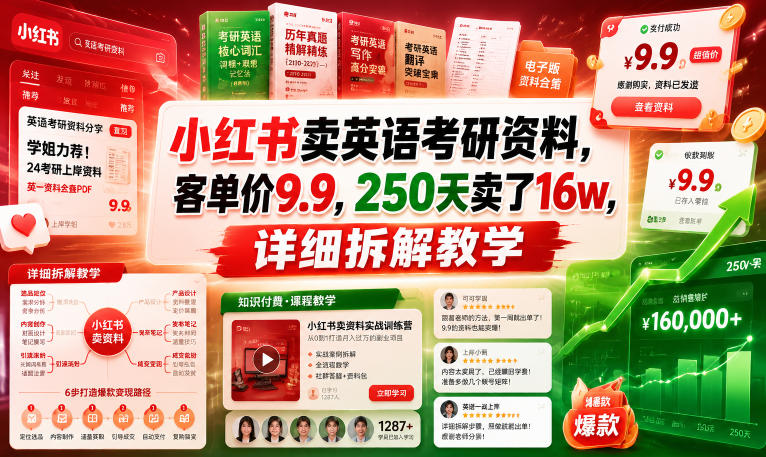 小红书卖英语考研资料,客单价9.9,250天卖了16w,详细拆解教学-蜗牛学社