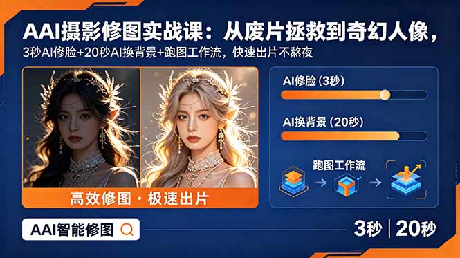 AI摄影修图实战课:从废片拯救 到 奇幻人像,3秒AI修脸+20秒AI换背景+跑图工作流,快速出片不熬夜-蜗牛学社