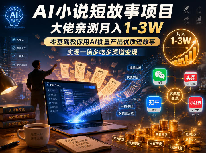 AI小说短故事项目,大佬亲测月入1-3W,零基础教你用AI批量产出优质短故事,实现一稿多吃多渠道变现-蜗牛学社