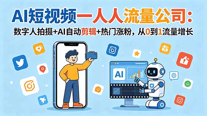 AI短视频一人流量公司:数字人拍摄+AI自动剪辑+热门涨粉,从0到1流量增长-蜗牛学社