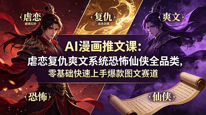 AI漫画推文课：虐恋复仇爽文系统恐怖仙侠全品类，零基础快速上手爆款图文赛道-蜗牛学社
