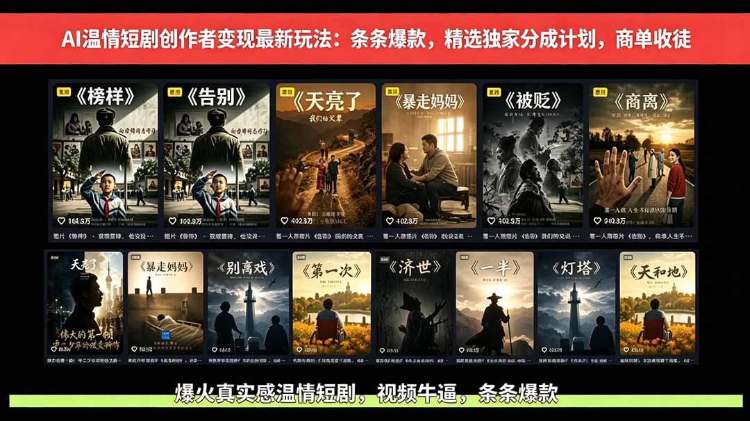 AI温情短剧创作者变现最新玩法:视频牛逼,条条爆款,精选独家分成计划,商单收徒-蜗牛学社