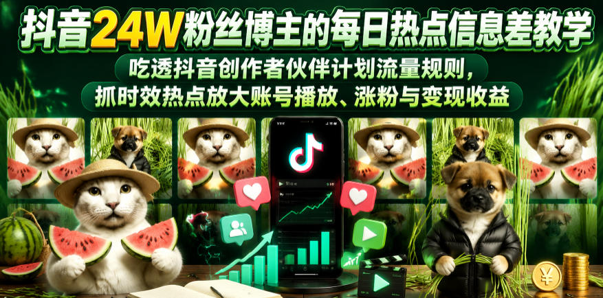 抖音24W粉丝博主的每日热点信息差教学，吃透创作者伙伴计划流量规则，抓时效热点放大账号播放、涨粉与变现收益(更新)-蜗牛学社