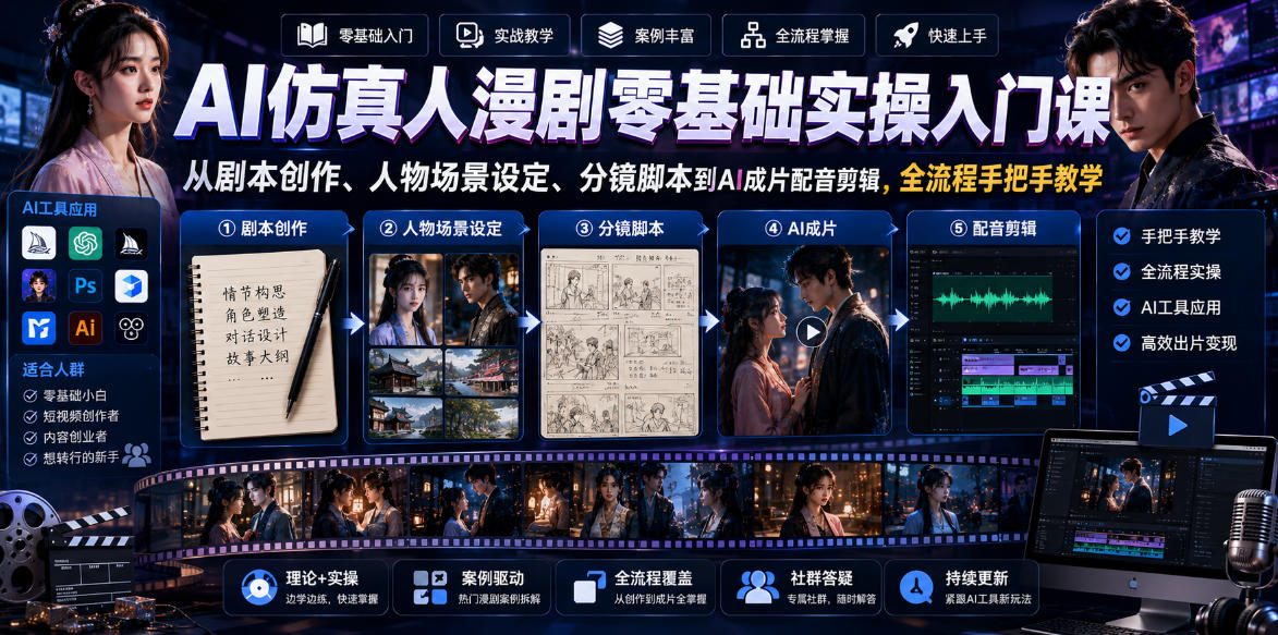 AI仿真人漫剧零基础实操入门课，从剧本创作、人物场景设定、分镜脚本到AI成片配音剪辑，全流程手把手教学-蜗牛学社