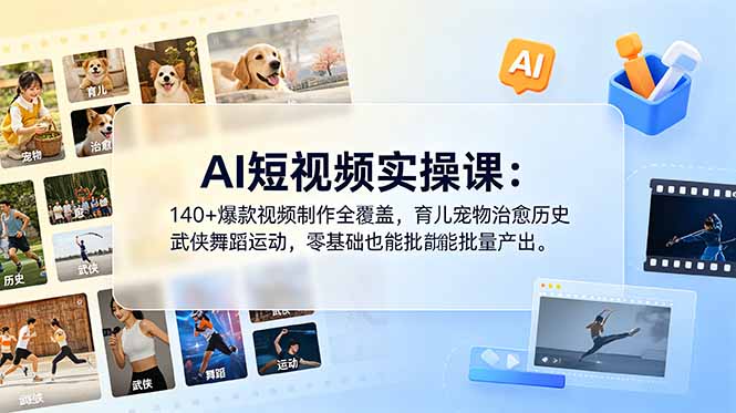AI短视频实操课：140+爆款视频制作全覆盖，育儿宠物治愈历史武侠舞蹈运动，零基础也能批量产出-蜗牛学社