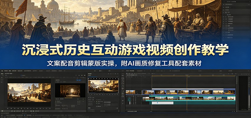 沉浸式历史互动游戏视频创作教学：文案配音剪辑蒙版实操，附AI画质修复工具配套素材-蜗牛学社