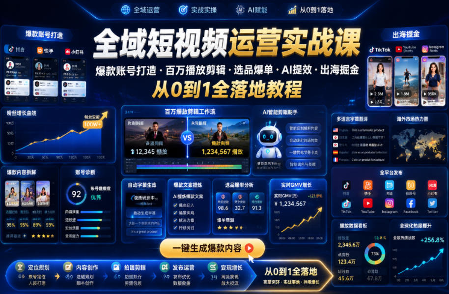 全域短视频运营实战课,爆款账号打造・百万播放剪辑・选品爆单・AI提效・出海掘金,从0到1全落地教程-蜗牛学社