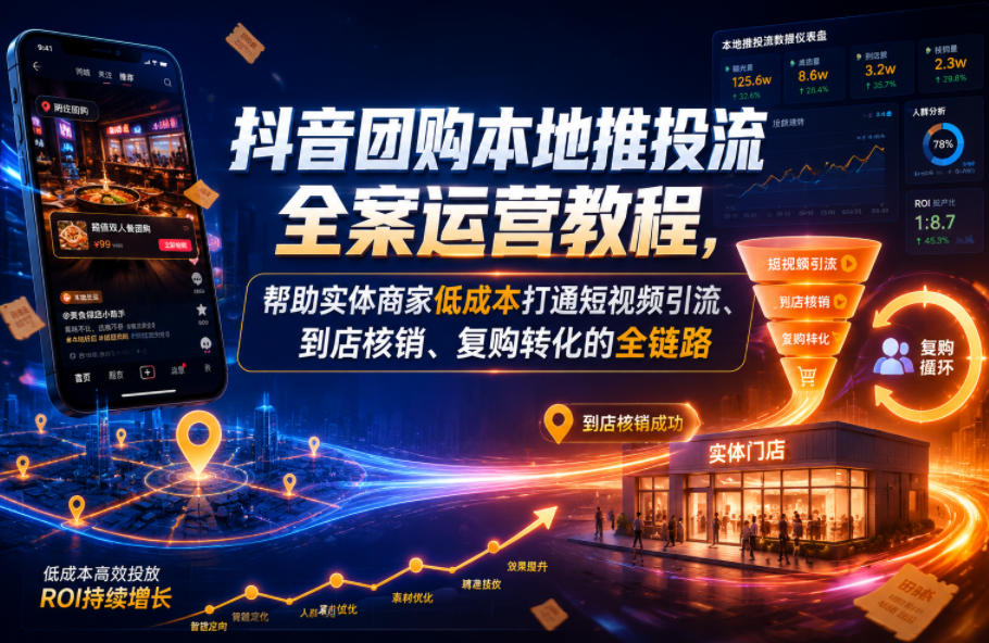 抖音团购本地推投流全案运营教程,帮助实体商家低成本打通短视频引流、到店核销、复购转化的全链路-蜗牛学社
