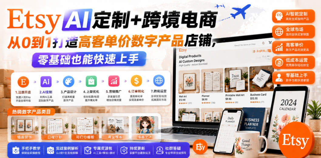 Etsy AI定制+跨境电商,从0到1打造高客单价数字产品店铺,零基础也能快速上手-冒泡网