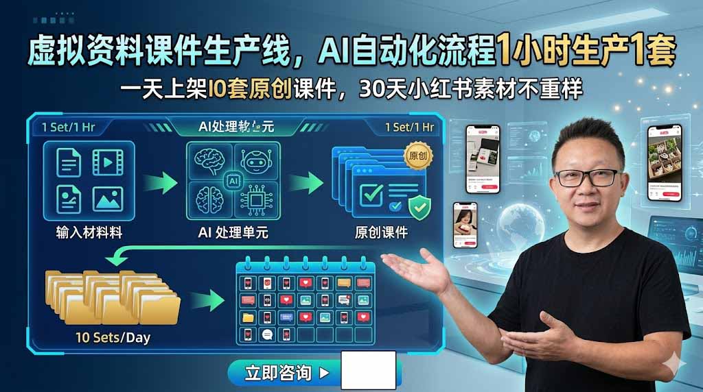 虚拟资料课件生产线，AI自动化流程1小时生产1套，一天上架10套原创课件，30天小红书素材不重样-蜗牛学社