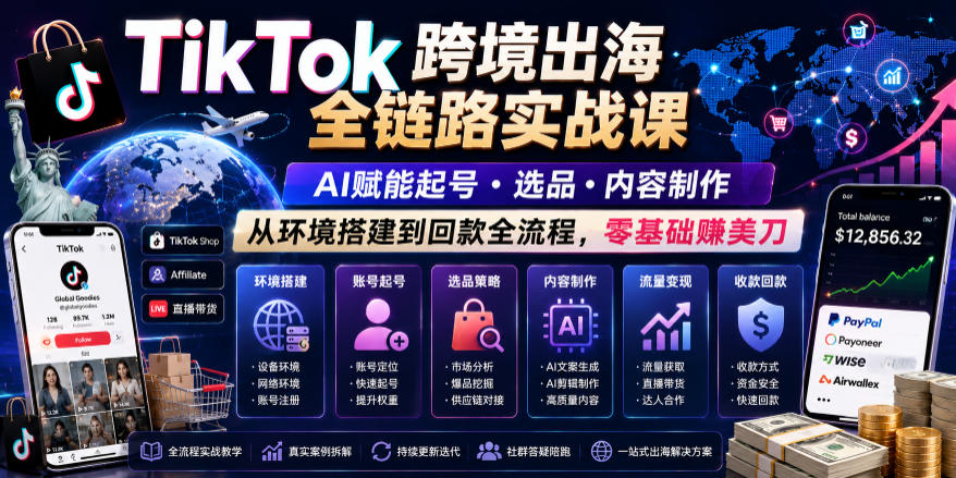 TikTok跨境出海全链路实战课，AI赋能起号・选品・内容制作，从环境搭建到回款全流程，零基础賺美刀-蜗牛学社