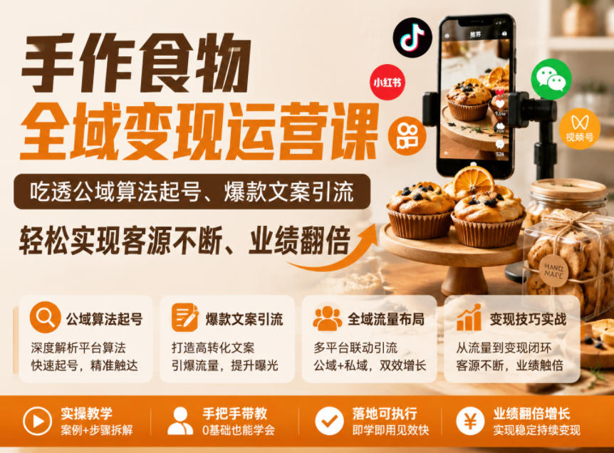 手作食物全域变现运营课,吃透公域算法起号、爆款文案引流,轻松实现客源不断、业绩翻倍-蜗牛学社