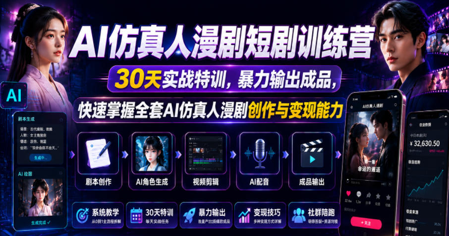 AI仿真人漫剧短剧训练营，30天实战特训，暴力输出成品，快速掌握全套AI仿真人漫剧创作与变现能力-蜗牛学社