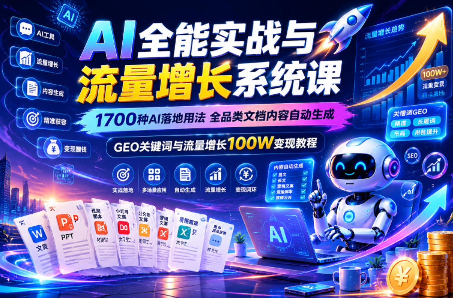 AI全能实战与流量增长系统课,1700种AI落地用法,全品类文档内容自动生成,GEO关键词与流量增长100W变现教程-蜗牛学社
