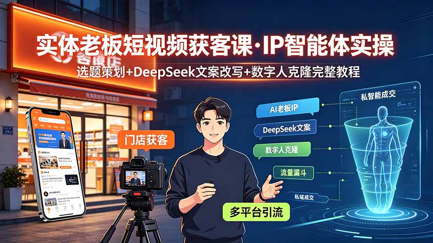 实体老板短视频获客课·IP智能体实操|选题策划+DeepSeek文案改写+数字人克隆完整教程-冒泡网