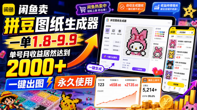 闲鱼卖拼豆图纸生成器,一单1.8-9.9,单号月收益居然达到2000+一键出图永久使用-冒泡网