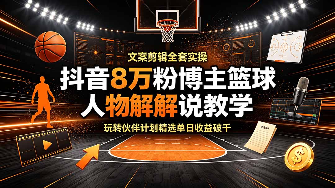抖音8万粉博主篮球人物解说教学，文案剪辑全套实操，玩转伙伴计划精选单日收益破千-蜗牛学社
