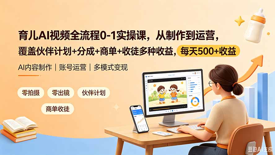 育儿AI视频全流程0-1实操课,从制作到运营,覆盖伙伴计划+分成+商单+收徒多种收益,每天500+收益-冒泡网