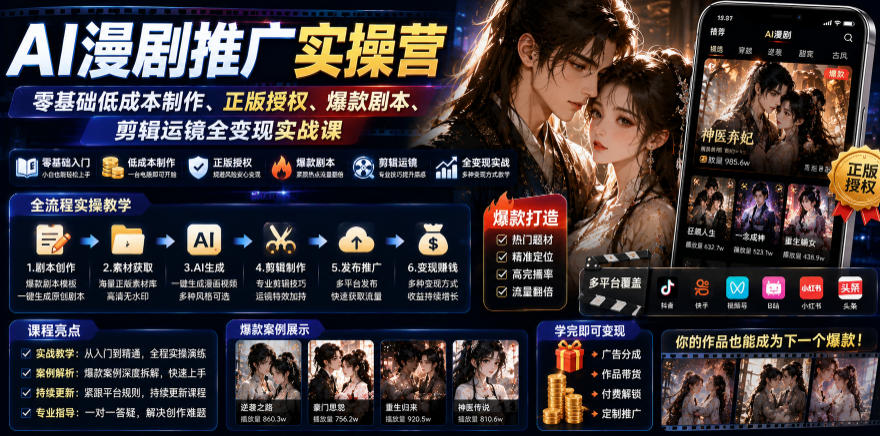 AI漫剧推广实操营|零基础低成本制作、正版授权、爆款剧本、剪辑运镜全变现实战课-蜗牛学社