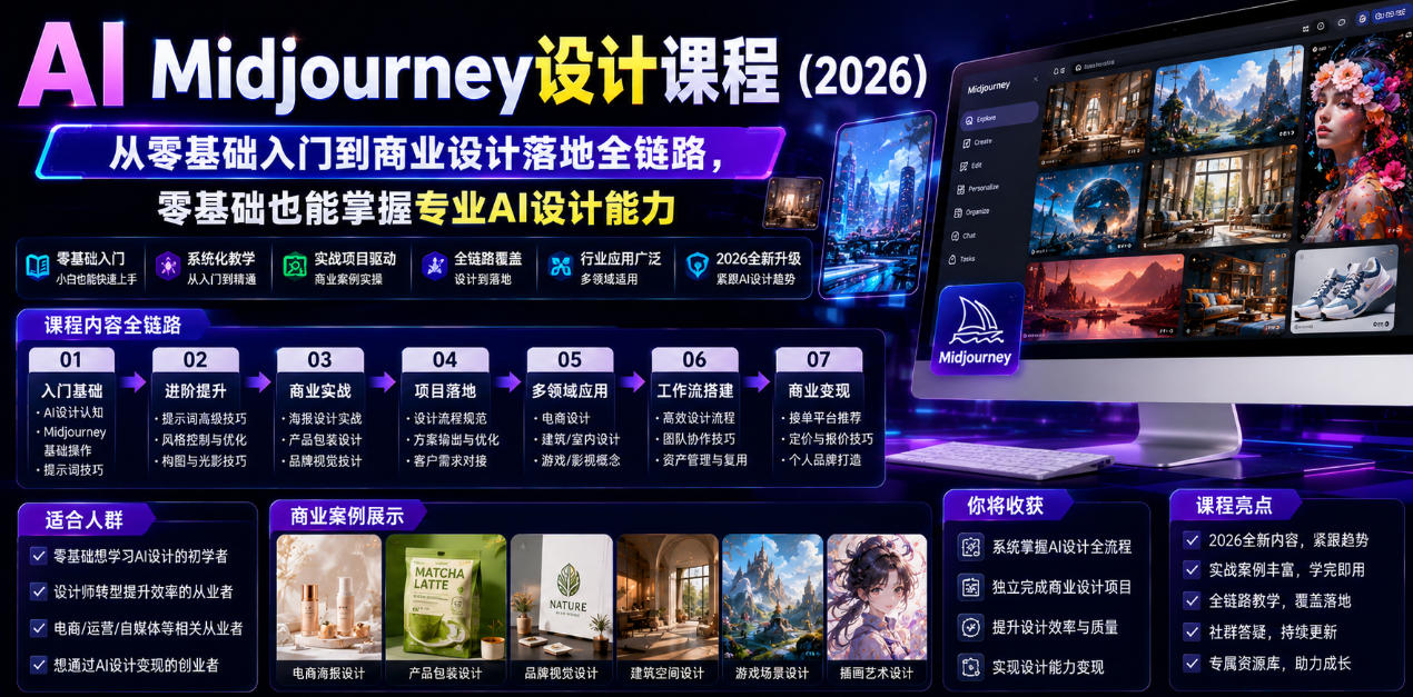 AI Midjourney设计课程(2026),从零基础入门到商业设计落地全链路,零基础也能掌握专业AI设计能力-蜗牛学社