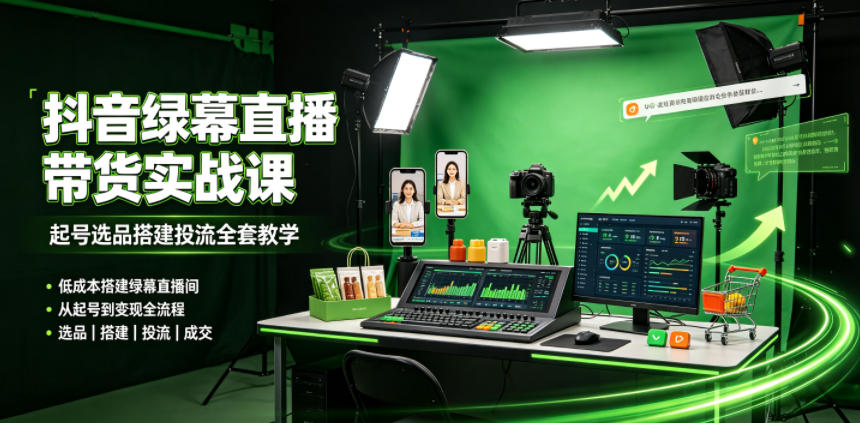 某社群抖音绿幕直播带货实战课，起号选品搭建投流全套教学，低成本搭建绿幕直播间-冒泡网