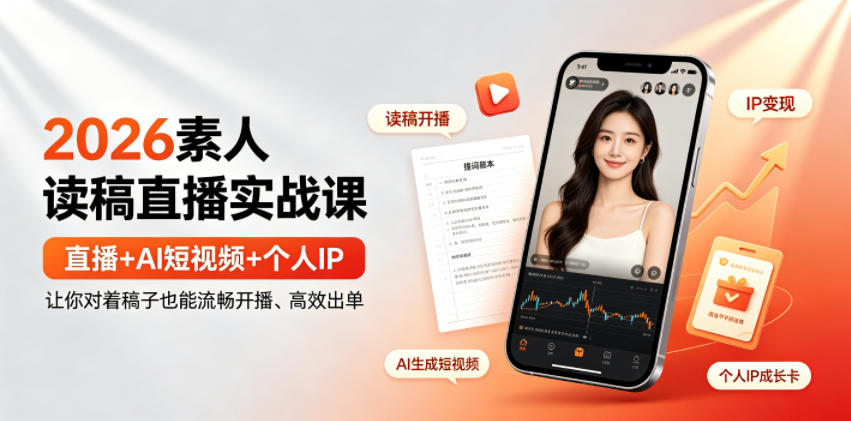 2026素人读稿直播实战课|直播+AI短视频+个人IP,让你对着稿子也能流畅开播、高效出单-冒泡网
