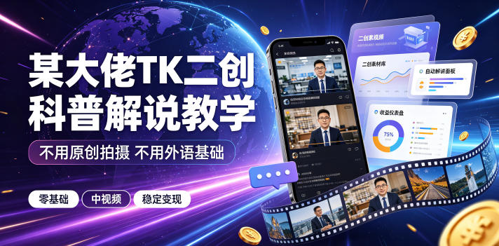 某大佬TK二创科普解说教学,不用原创拍摄不用外语基础,零基础做TikTok中视频稳定变现-冒泡网