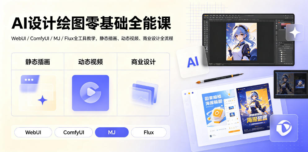 AI设计绘图零基础全能课｜WebUI/ComfyUI/MJ/Flux全工具教学，静态插画、动态视频、商业设计全流程-冒泡网