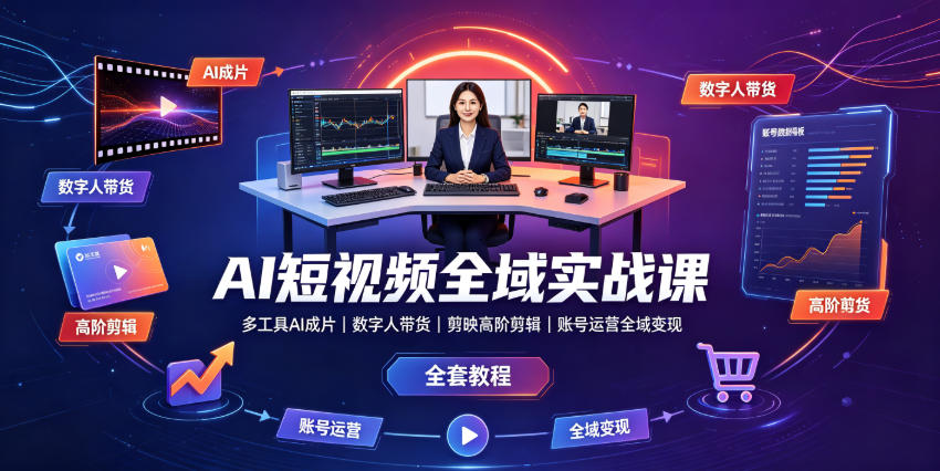 AI短视频全域实战课｜多工具AI成片、数字人带货、剪映高阶剪辑、账号运营全域变现全套教程-冒泡网