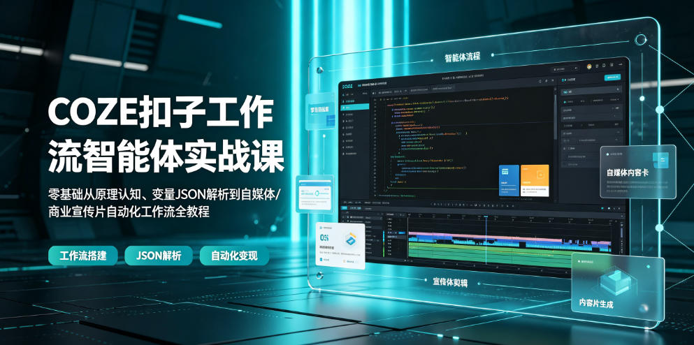 COZE扣子工作流智能体实战课｜零基础从原理认知、变量JSON解析到自媒体/商业宣传片自动化工作流全教程-冒泡网