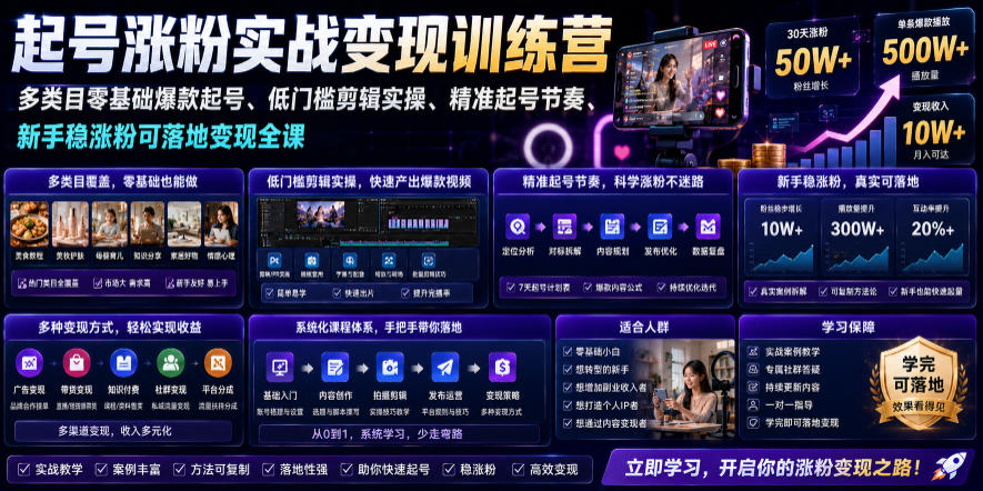 苗子起号涨粉实战变现训练营,多类目零基础爆款起号、精准起号节奏、新手稳涨粉可落地变现全课-冒泡网