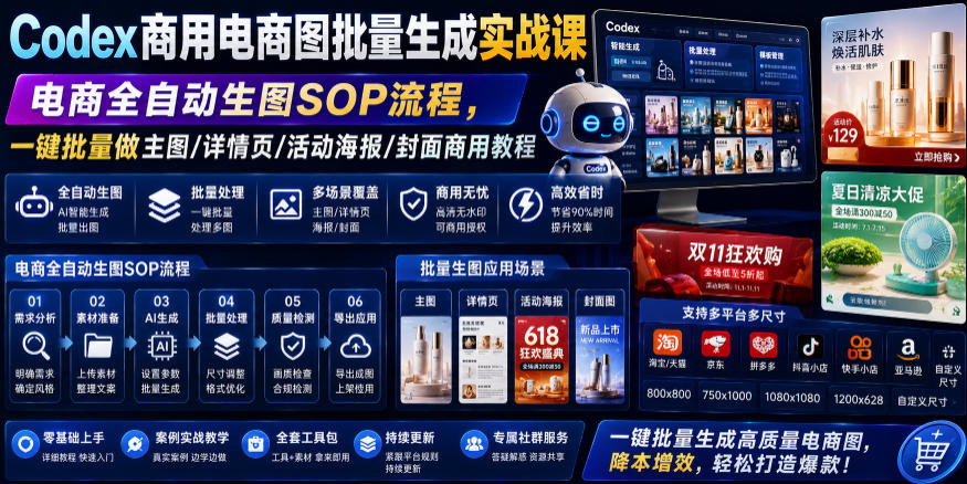 Codex商用电商图批量生成实战课｜电商全自动生图SOP流程，一键批量做主图/详情页/活动海报/封面商用教程-冒泡网