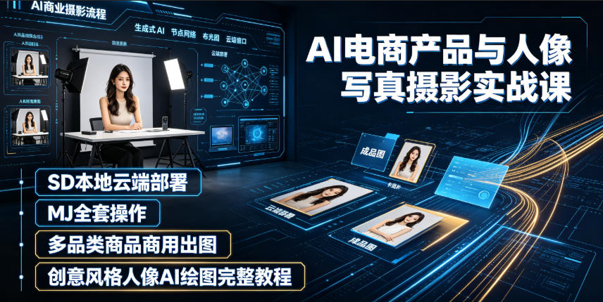 AI电商产品与人像写真摄影实战课｜SD本地云端部署、MJ全套操作、多品类商品商用出图、创意风格人像AI绘图完整教程-冒泡网