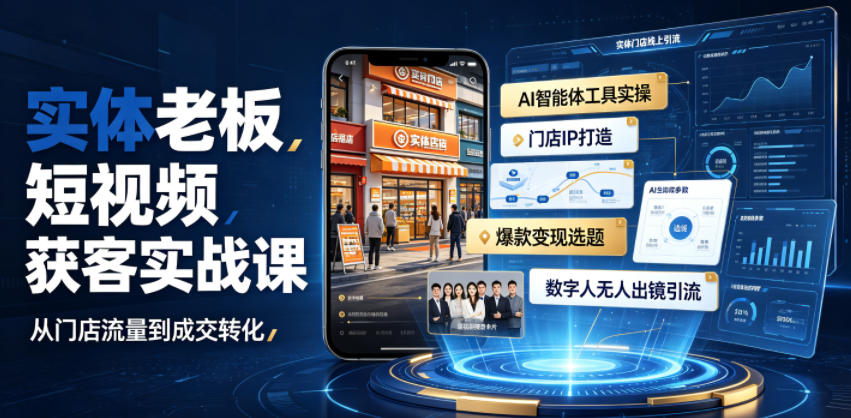 实体老板短视频获客实战课｜AI智能体工具全套实操、门店IP打造、爆款变现选题、数字人无人出镜引流完整教程-冒泡网