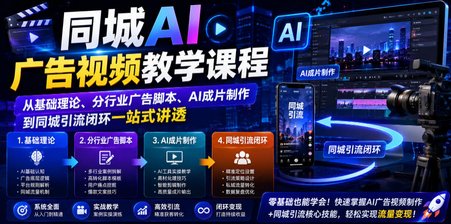 同城AI广告视频教学课程，从基础理论、分行业广告脚本、AI成片制作到同城引流闭环一站式讲透-冒泡网