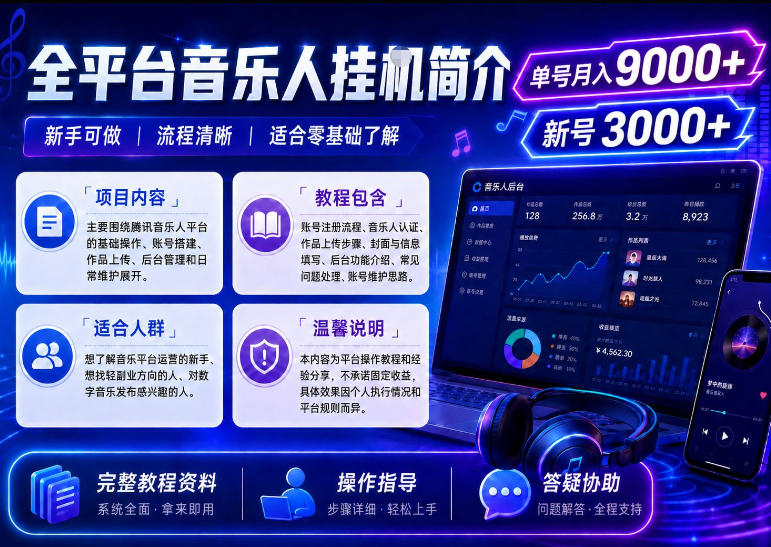 全平台音乐类挂G,单机单号月入9000+,可矩阵,可工作室放大操作【揭秘】-冒泡网